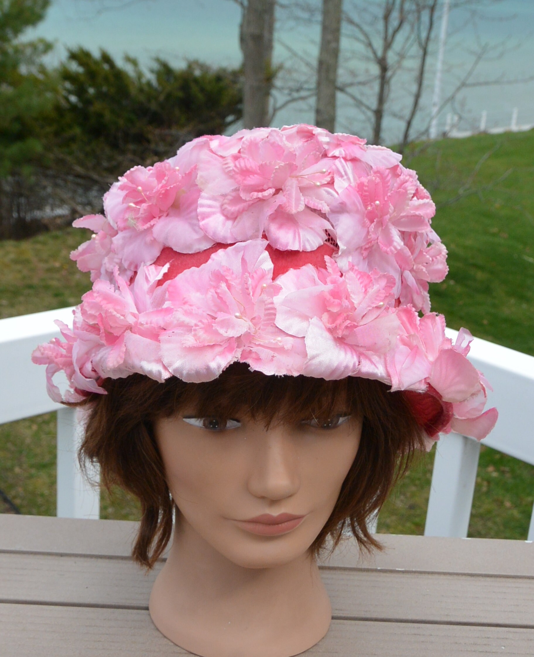 Vintage Pink Floral Millinery Hat: Velvet Hatband, Made in 