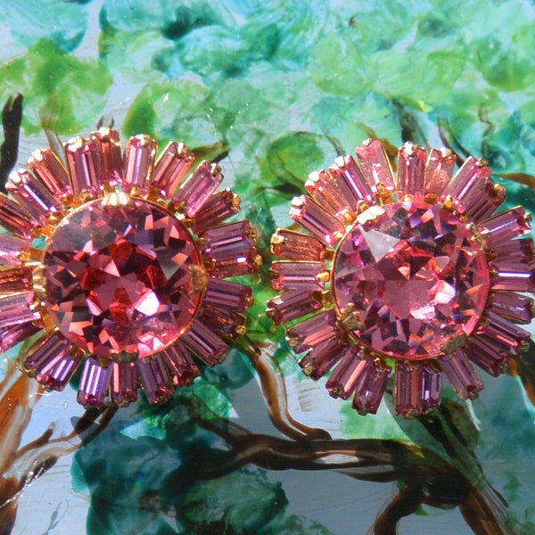 SALE! Miriam Haskell Earrings - Signed, Beautiful Pink, Multi Size/Shape Glass Cabs, Clip, Gold Plated, Great Gift- Vintage -Rare, Fabulous!