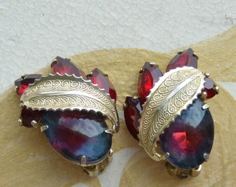 SALE! Weiss Glam Earrings - Signed, Glam Red/Blue Cabochons, Gold Ribbon Accent, Clip, Great Gift - Vintage - Rare, Fabulous!