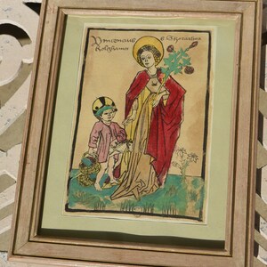 Framed Silkscreen Art: Mother and Child, German Calligraphy, Vintage, SALE!