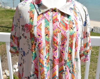 Johnny Was Vintage Polo Top  UNUSED -- Bamboo Floral Print, Size XXL, Retail 130, SALE!