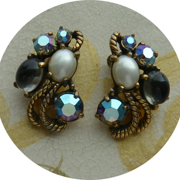SALE! Elsa Schiaparelli Earrings - Signed, Gorgeous Blue/Gray Cabochons, Pearls, Great Gift - Vintage -Rare, Fabulous!