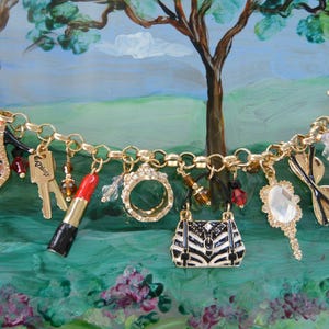Lunch at the Ritz Bracelet -UNUSED - Signed, Shopping Charms, Tag, Colorful Swarovski Crystals, Great Gift- Vintage - Rare, Fabulous!
