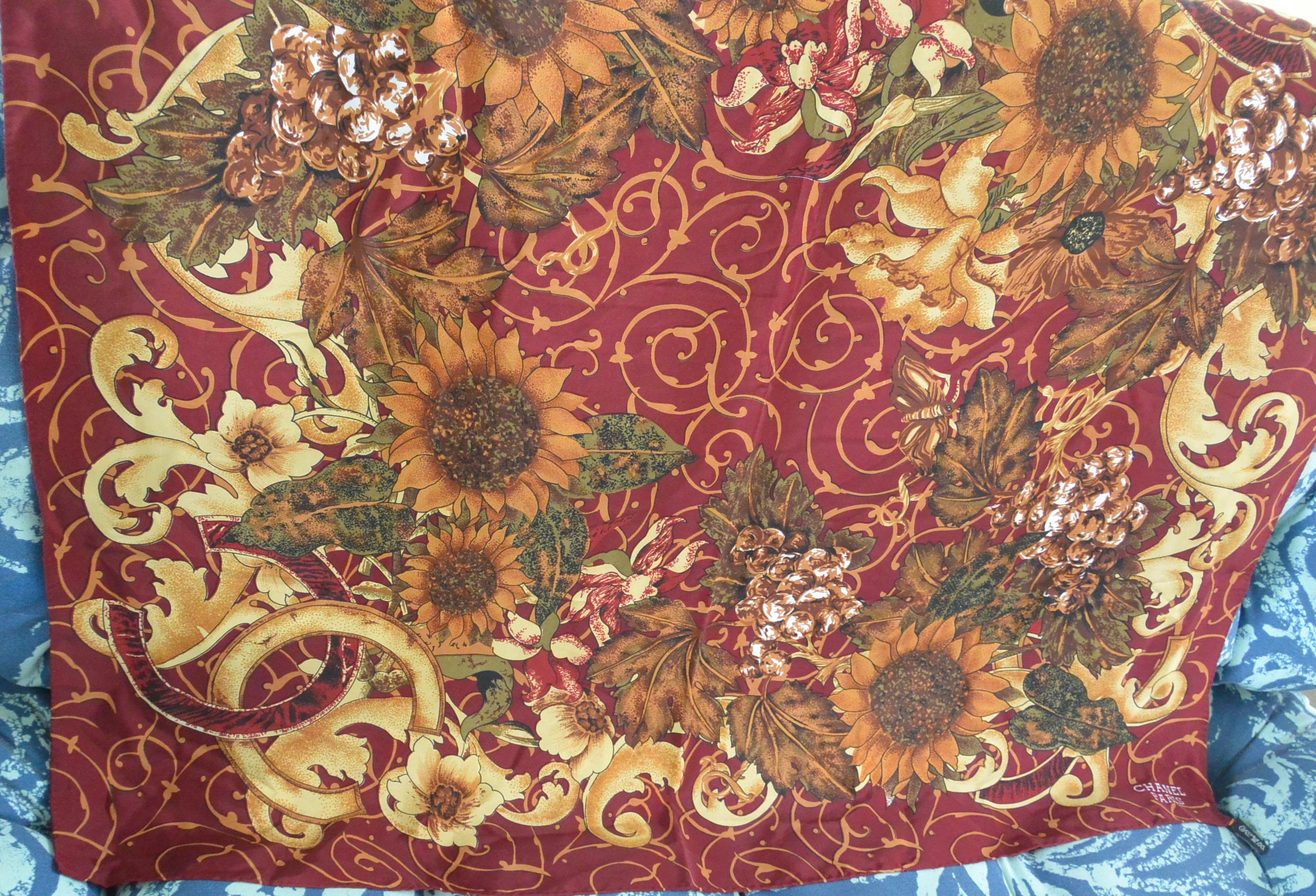Chanel Paris Scarf- Hallmarked, Sunflowers/scrolls, Silk, 34x34