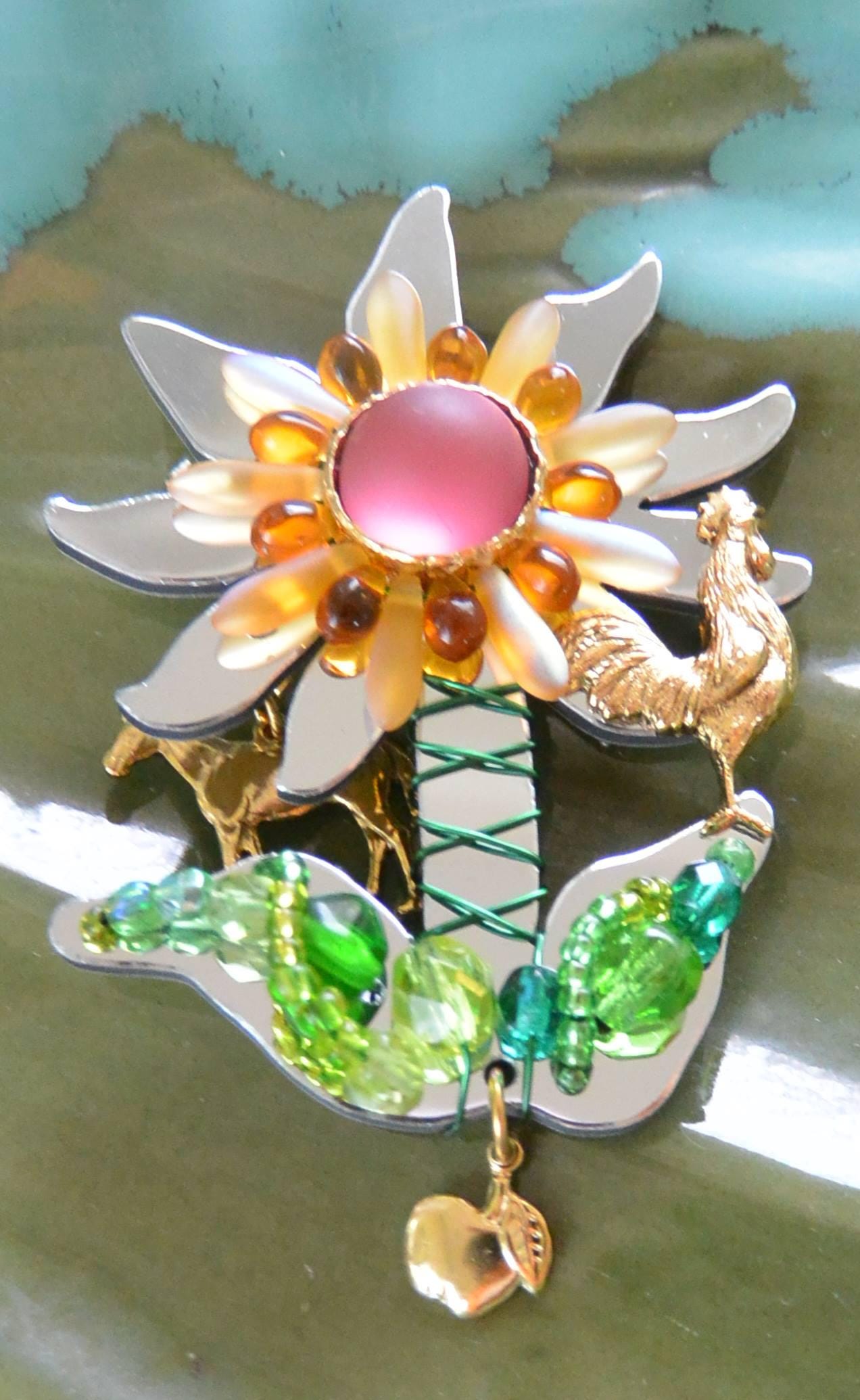 Liztech 3D Sunflower Brooch: UNUSED, Signed, West End Fair, Hand