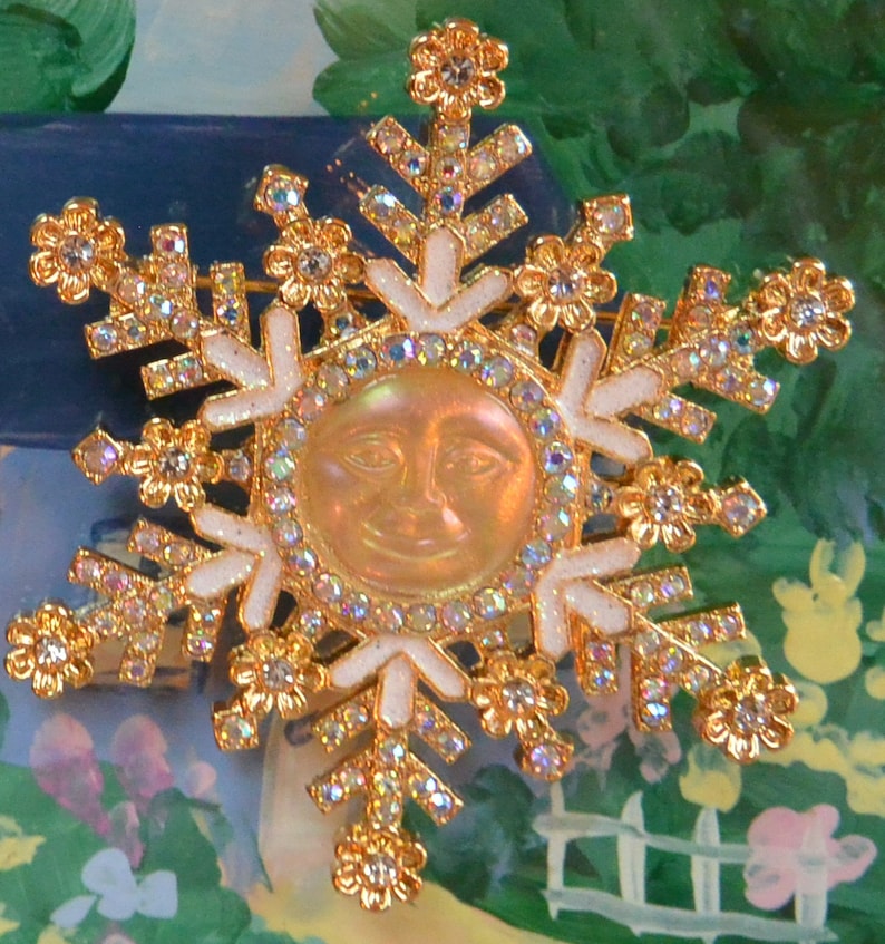SALE Kirks Folly Brooch/Pendant UNUSED Signed, Golden Moon, Snowflake, Swarovski Crystals, Great Gift Vintage Rare, Fabulous image 2
