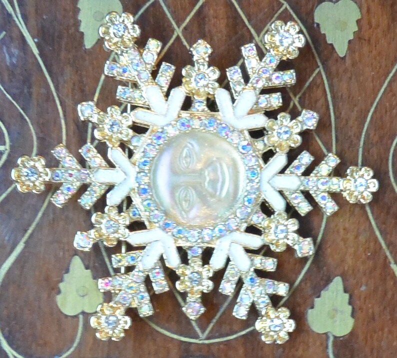 SALE Kirks Folly Brooch/Pendant UNUSED Signed, Golden Moon, Snowflake, Swarovski Crystals, Great Gift Vintage Rare, Fabulous image 4