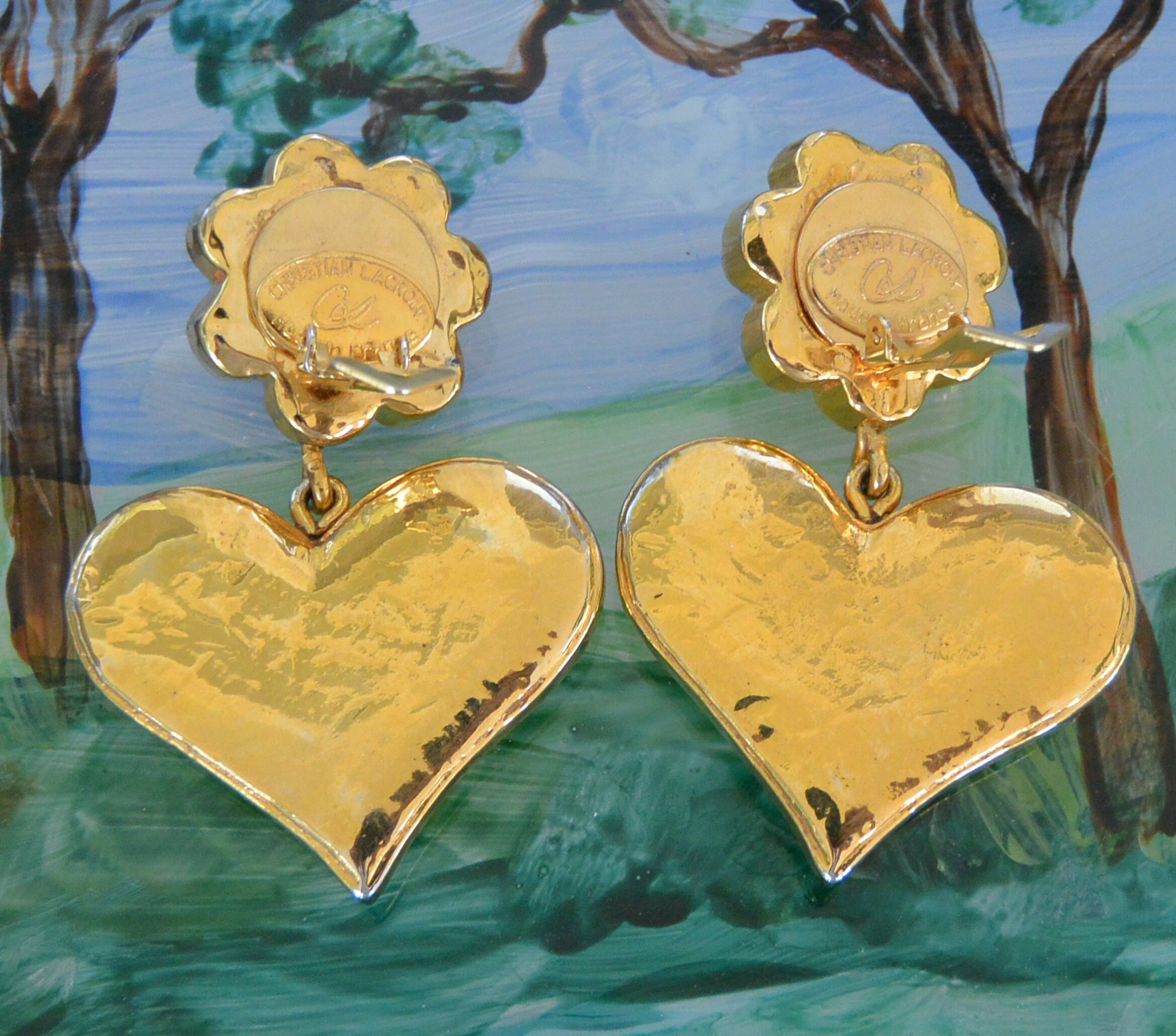 Christian Lacroix Gold Plated Heart Clip Earrings With Orange