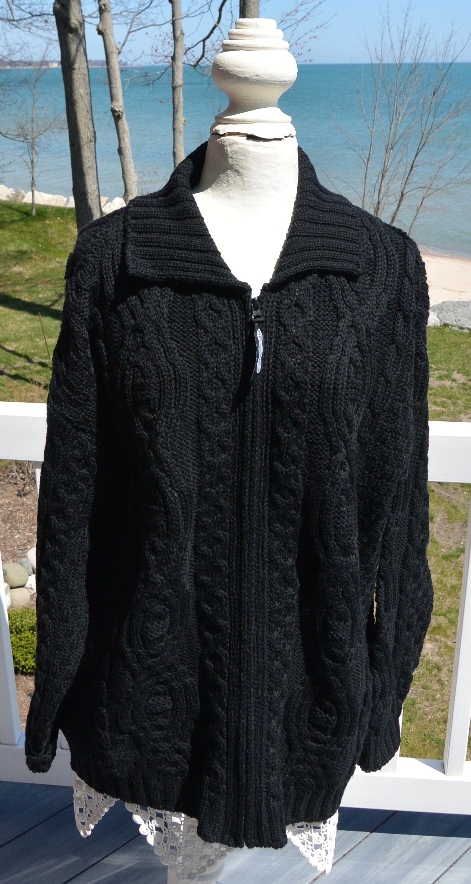 SALE Aran Crafts Merino Wool Sweater UNUSED Irish Made Tags Black Zip Front QVC Unisex Great Gift Vintage Rare Fabulous