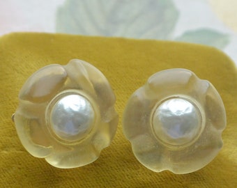 Chanel Earrings, Floral Pearl - Signed, Elegant Translucent Gold, Clip G Vintage, SALE