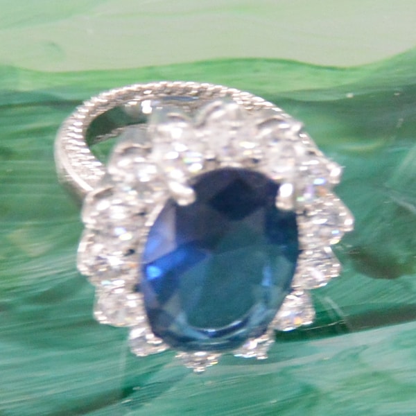 Sale! KJL Sapphire Ring - UNUSED - Signed, Replica Princess Di Wedding Ring, US Size 8, Great Gift - Vintage - Rare, Fabulous!