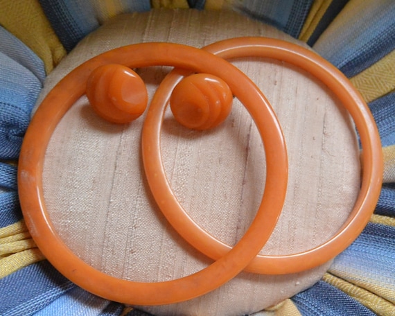 SALE! Bakelite Earrings, 2 Orange Bangle Bracelet… - image 1