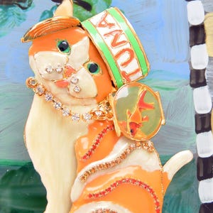Lunch at the Ritz Brooch/Pendant -UNUSED - Signed, Articulated Tabby Cat, Fish/Bowl, Tuna Hat, Great Gift - Vintage - Very Rare, Fabulous!