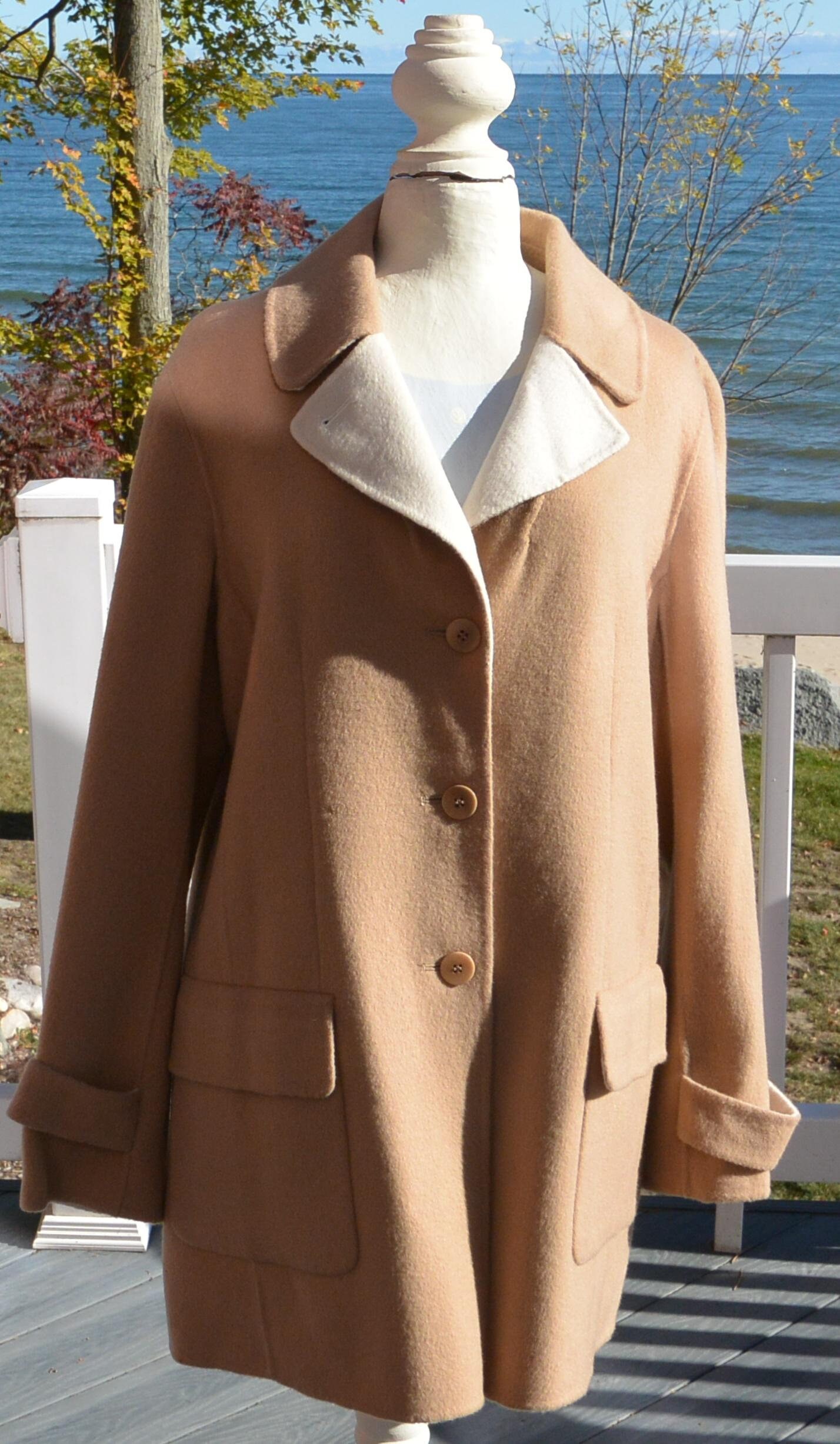 [未使用]TALBOTS タルボット♪ウールロングコート ノーカラー キャメル Talbots ウールコート: 未使用、キャメル/ホワイト、小売価格 349、US