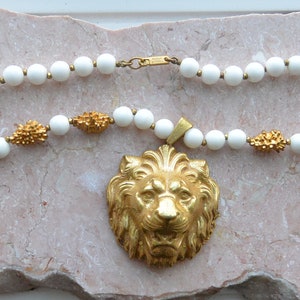 SALE! Miriam Haskell Necklace - Signed Twice, Gold Plated Lion Head, MH Gold Pine Cone/White Beads, Great Gift - Vintage - Rare, Fabulous!