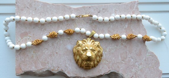 Miriam Haskell Necklace: Gold Lion Head, White Mi… - image 6