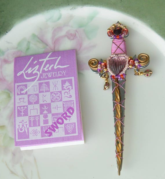Liztech Sword Brooch: UNUSED, Signed w Card, Retro Glass, US, Vintage, Retired, SALE!