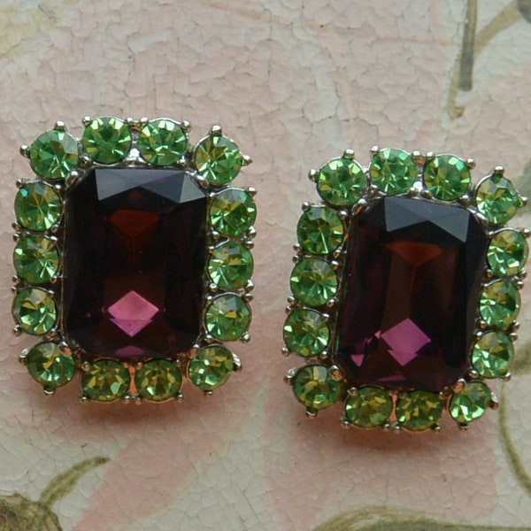 SALE! Kenneth Jay Lane Earrings - Signed, Amethyst Faceted Stones, Green Peridot Crystals, Great Gift- Vintage - Rare, Fabulous!