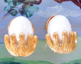 Kenneth Jay Lane Earrings:  Signed, White/Gold Accent, Clip, Vintage, SALE!