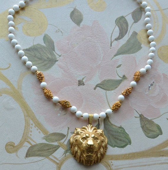 Miriam Haskell Necklace: Gold Lion Head, White Mi… - image 10