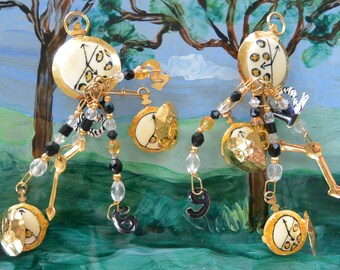 Lunch at the Ritz Clip Earrings: Signed, Clocks/Numbers, Gold Time Charms, Swarovski Crystals, Vintage, Retired!