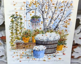 SALE!Artist Signed Watercolor - Signed Bilyeau - Garden Scene, Potted Plants - Vintage - Fabulous!
