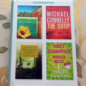 Può includere: Una collezione di quattro libri tascabili, ognuno con copertine colorate. I titoli includono "The Bungalow" di Sarah Jio, "The Drop" di Michael Connelly, "The Best of Me" di Nicholas Sparks e "Love in a Nutshell" di Janet Evanovich & Dorien Kelly.