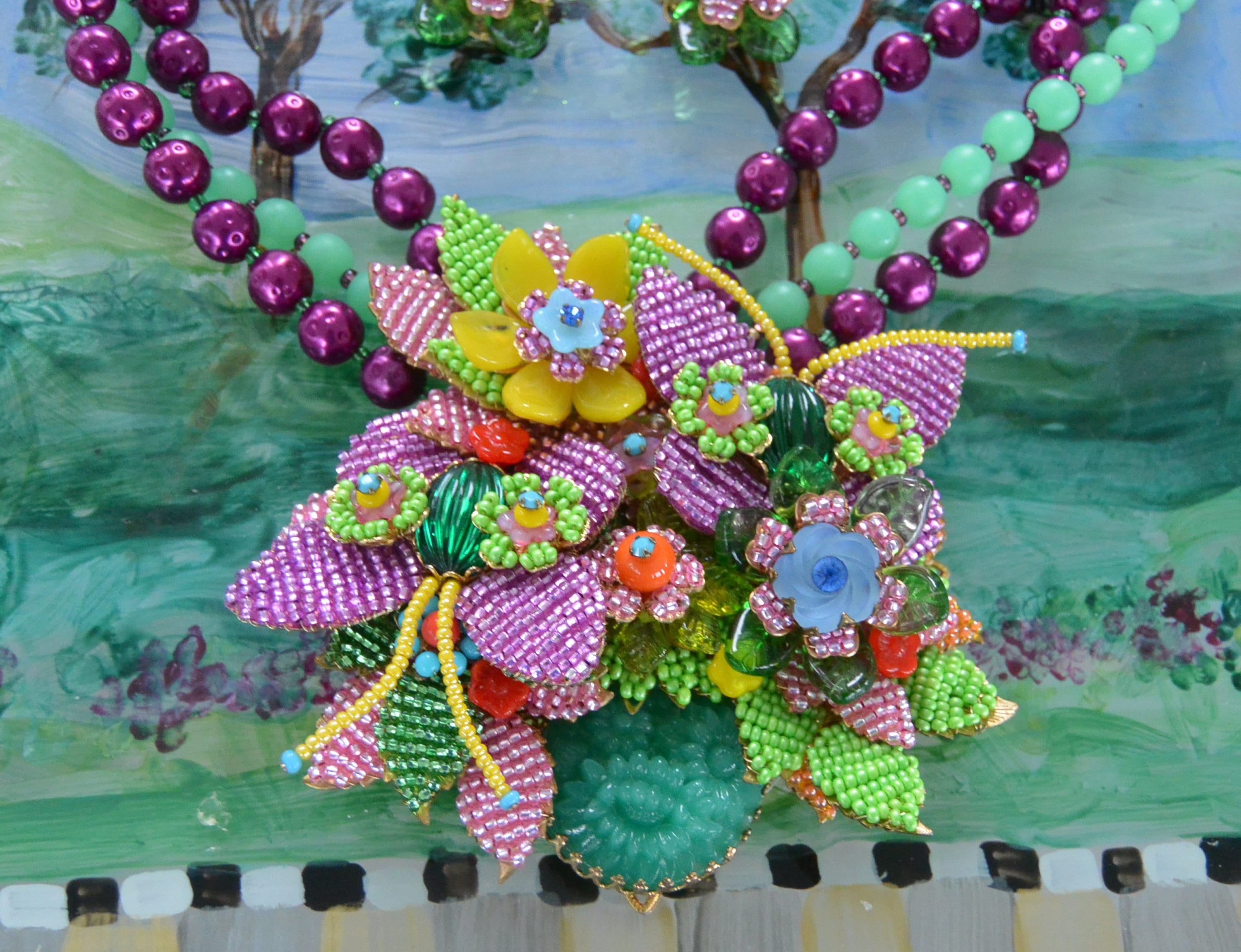 Stanley Hagler Necklace Earring Set: Signed, Beaded Butterfly