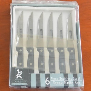 SALE! Steak Knives Set, 6, Orig Box - UNUSED - Stainless Steel, Black Handles, Sharp Edges -  Vintage - Rare, Fabulous!