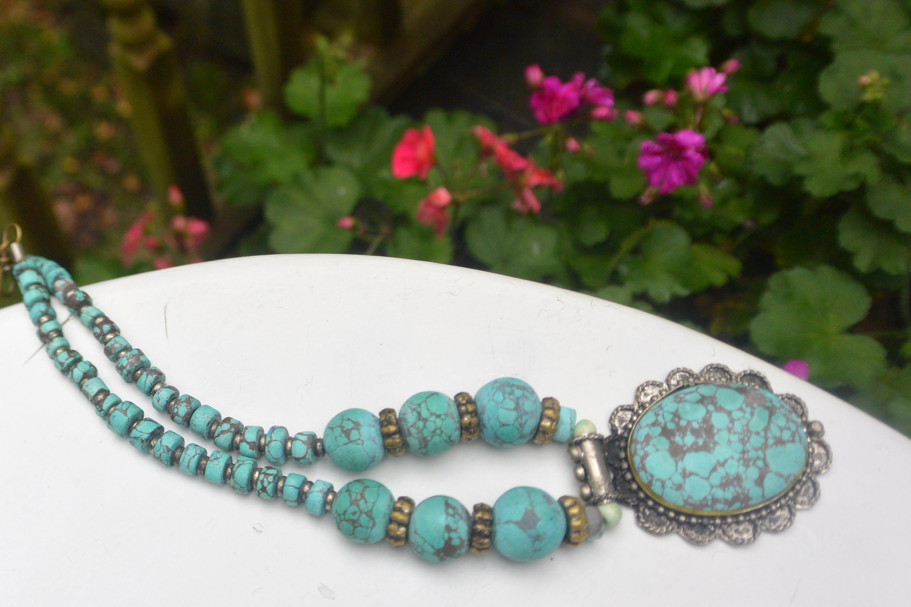 Collier Amérindien Ancien - Perles Tube Argent 925 & Turquoise - Bijou Vintage