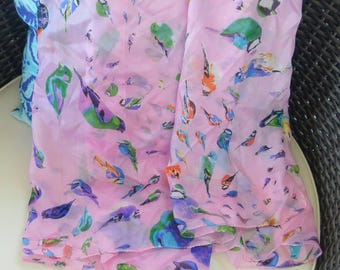 Birds Silk Scarf -UNUSED - Seta Soie, Pink, Mult Species Colorful Birds,  68x42  Inches, Vintage, SALE!