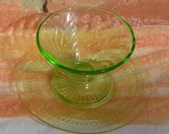 SALE! Vaseline Bowl & Plate -Glows in Dark, Depression Glass, Swirled, Great Gift - Vintage - Rare, Fabulous!