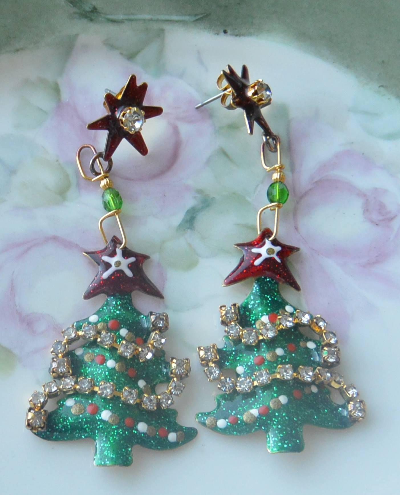 Lunch at the Ritz Earrings - Signed, Decorated Christmas Trees