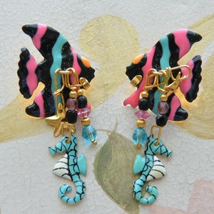 Lunch at the Ritz Earrings - UNUSED - Signed, Colorful Tropical Fish/Seahorse, Pierced, Great Gift -  Vintage - Rare, Fabulous!