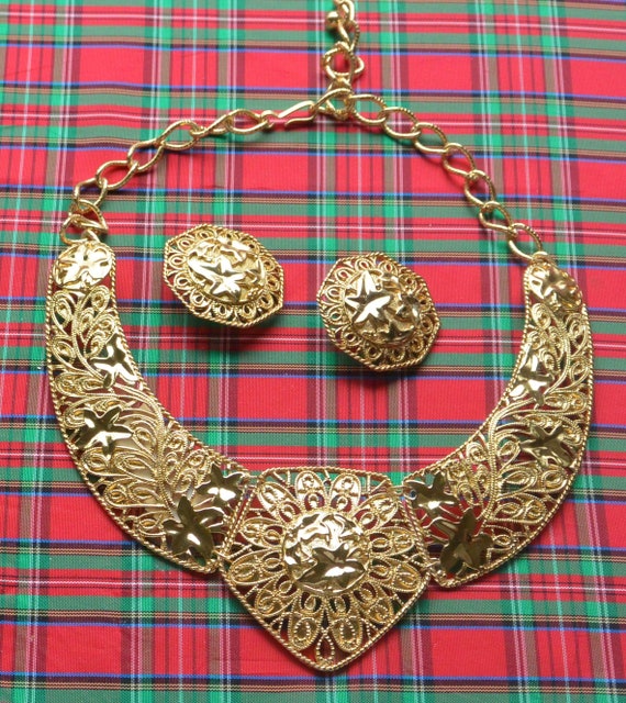 Vintage Jose Barrera Necklace Clip Earrings Set: Gold Leaf