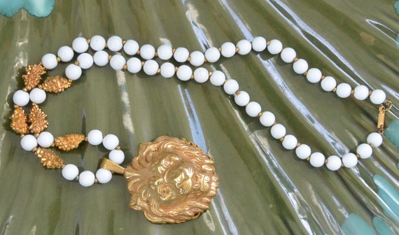 Miriam Haskell Necklace: Gold Lion Head, White Mi… - image 9