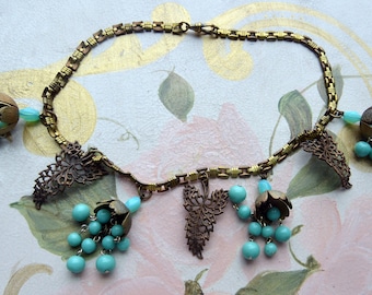 Collar Cha Cha de cristal azul: cadena de reloj colgante de filigrana, vintage, ¡EN OFERTA!
