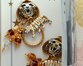 Lunch at the Ritz Earrings - Signed, White Tiger Loops, Orig Card, Pierced, Great Gift  -Vintage - Very Rare, Fabulous!