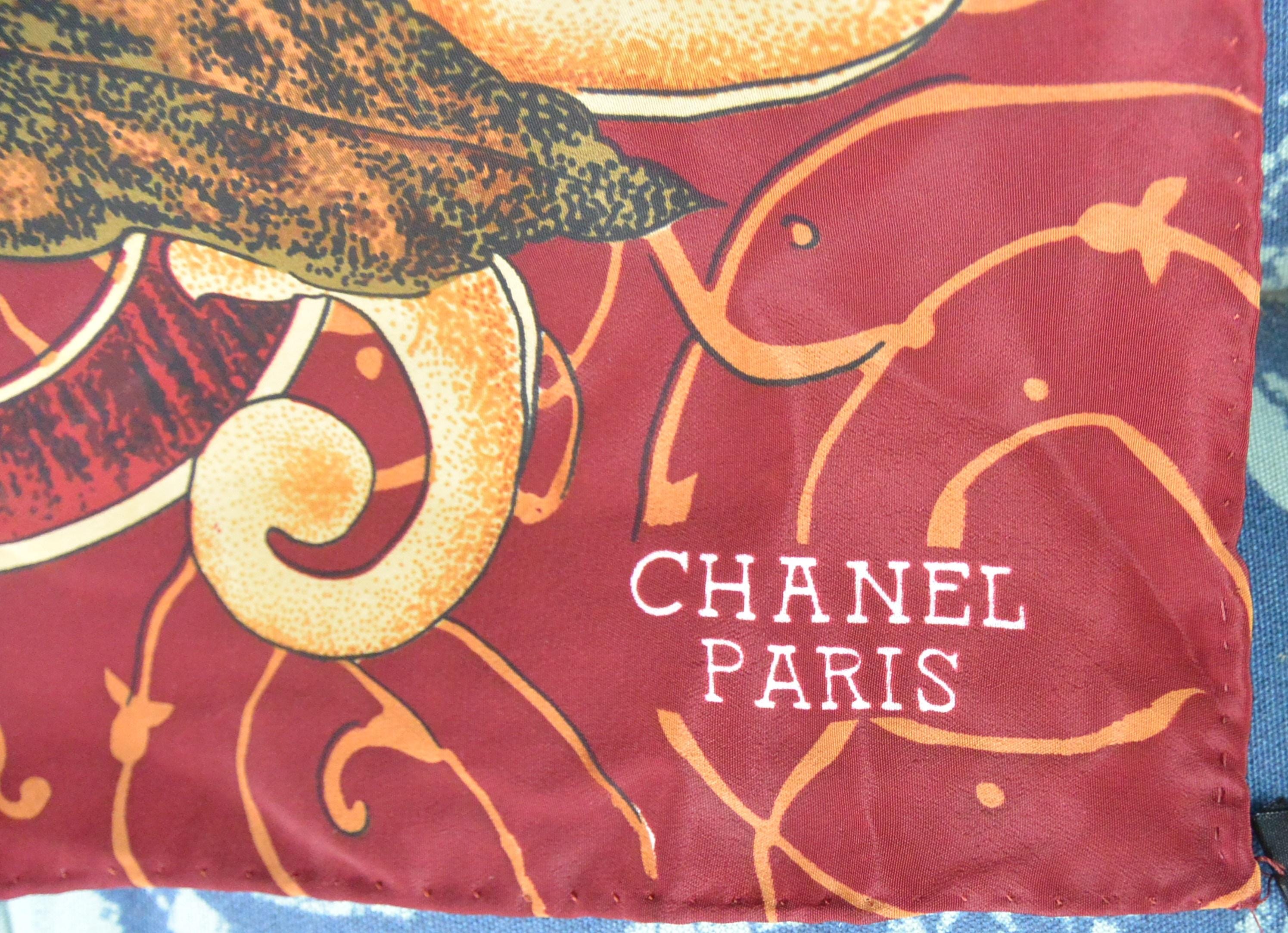 Chanel Paris Scarf- Hallmarked, Sunflowers/scrolls, Silk, 34x34