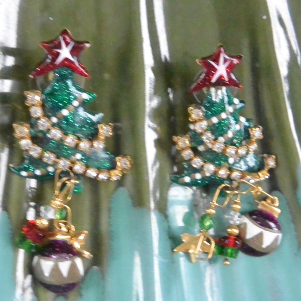 Lunch at the Ritz Earrings -  UNUSED - Signed, Decorated Christmas Trees, Multi Charms, Pierced, Great Gift - Vintage - Very Rare, Fabulous!