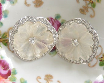 Boucles d'oreilles florales KJL - INUTILISÉES - signées, blanc givré/cristaux, mariée/autre, clip, excellent cadeau - vintage - très rare, fabuleux !