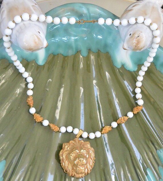 Miriam Haskell Necklace: Gold Lion Head, White Mi… - image 2