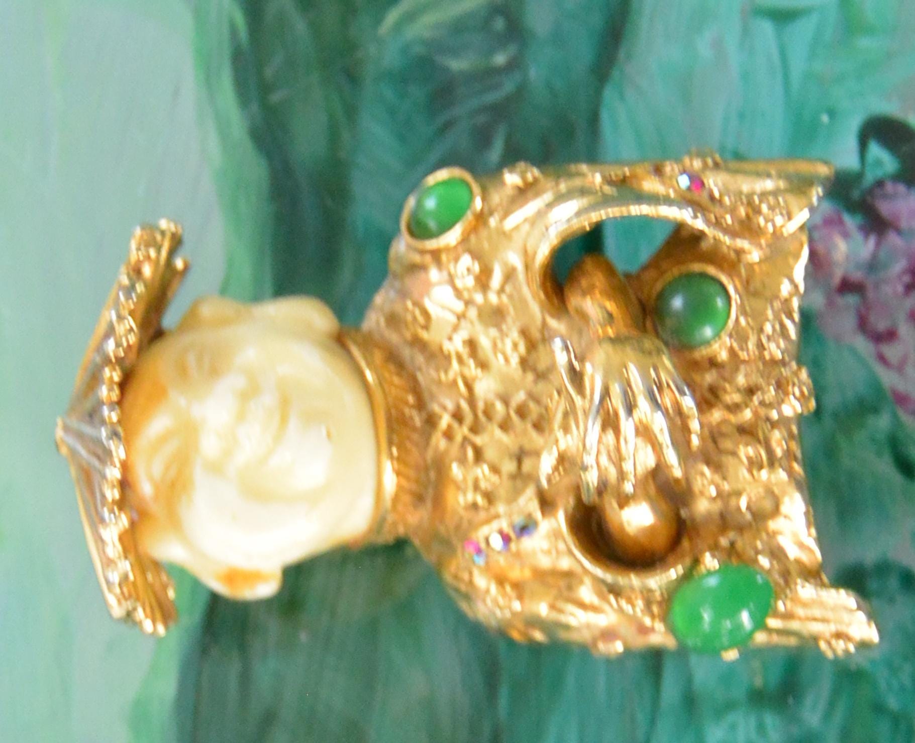 SALE! HAR Laughing Buddha Brooch, 3-D - Signed, Green Raised