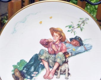 VENTE! Gorham Norman Rockwell Plate - INUTILISÉ - Spring/Day Dreamers, Boy/Dog/Grandpa - Orig Box/Packaging, Great Gift - vintage - Fabuleux
