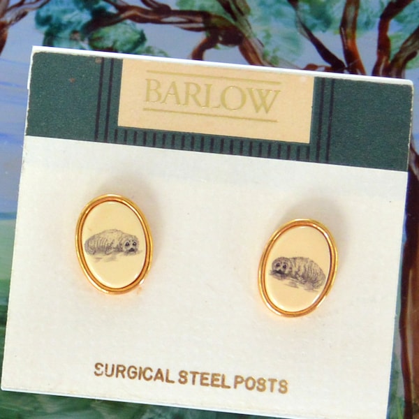 SALE! Barlow Earrings - Original Card, Hand Painted, Elephant Seals, Pierced, Great Gift - Vintage - Rare, Fabulous!