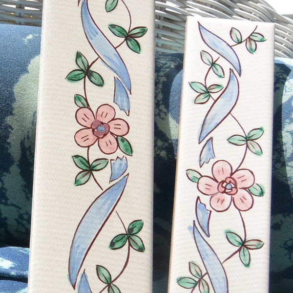 SALE! Italy 2 Accent Tiles - Floral,  Blue Swag, Green Leaves, Home Decoration - Vintage - Rare, Fabulous!