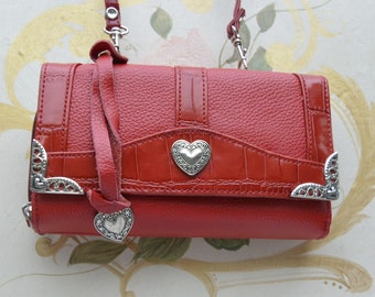 SALE! Brighton Heart Wallet/Purse - Red Leather, Silver Tone Hearts, Long Straps, Well Organized, Great Gift - Vintage - Rare, Fabulous!