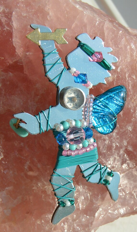 Liztech Cupid Brooch: UNUSED -Signed , Vintage Glass ,Heart Arrow Compass, SALE!