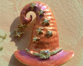 Kirks Folly Brooch/Pendant -UNUSED- Signed, Enameled Orange Witch's Hat, Swarovski Crystals, Vintage, SALE!