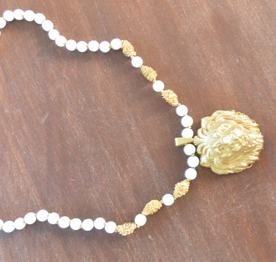 Miriam Haskell Necklace: Gold Lion Head, White Mi… - image 8